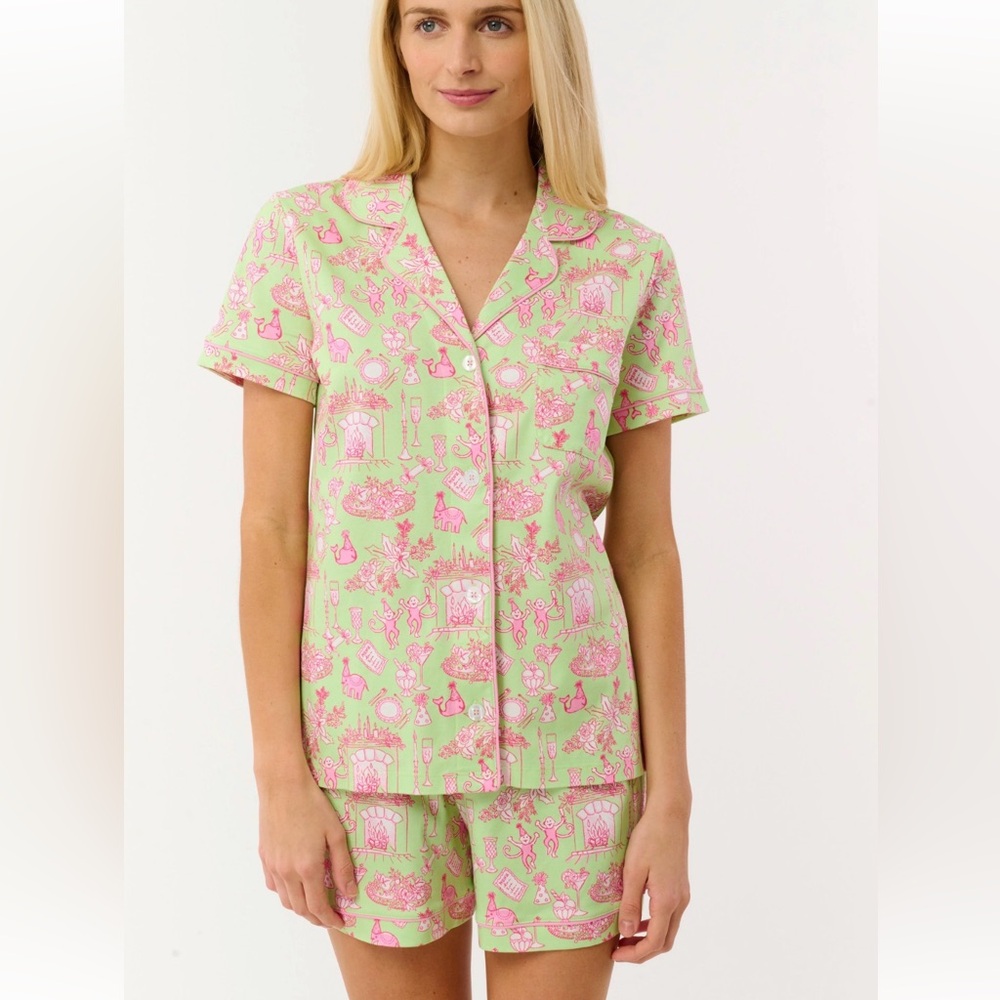 NWT Roller Rabbit Party Toile Pink and Green Polo Pajama Set